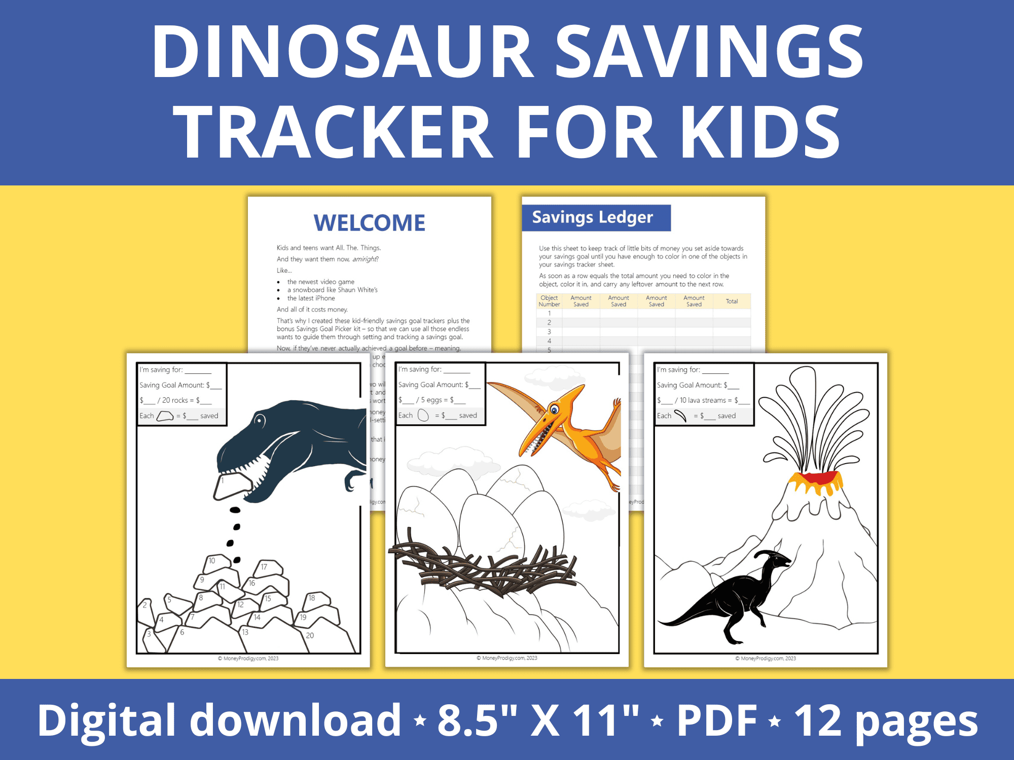 dinosaur savings tracker flatlay on orange background