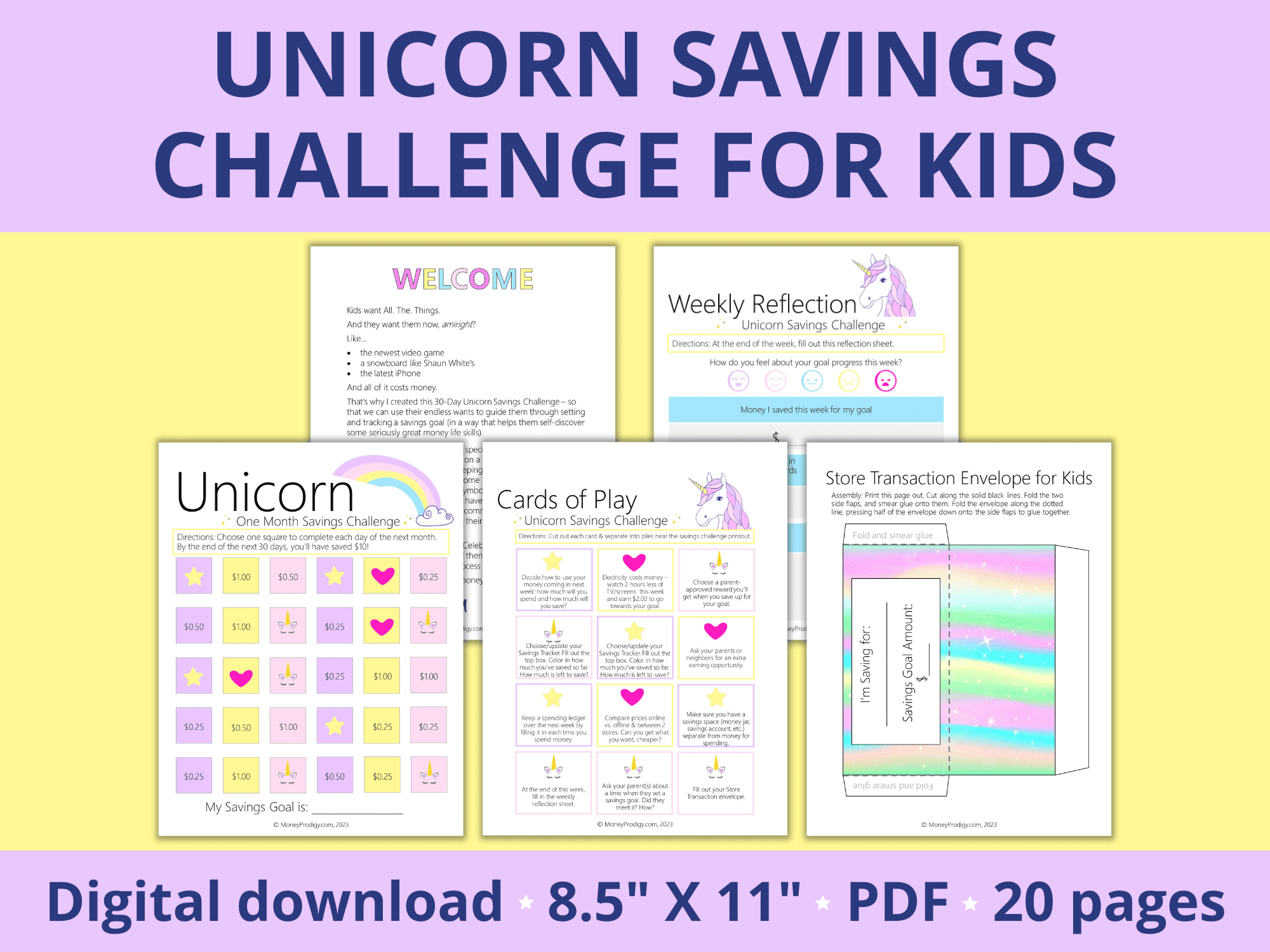 5 pages from the unicorn savings challenge on a yellow and purple background