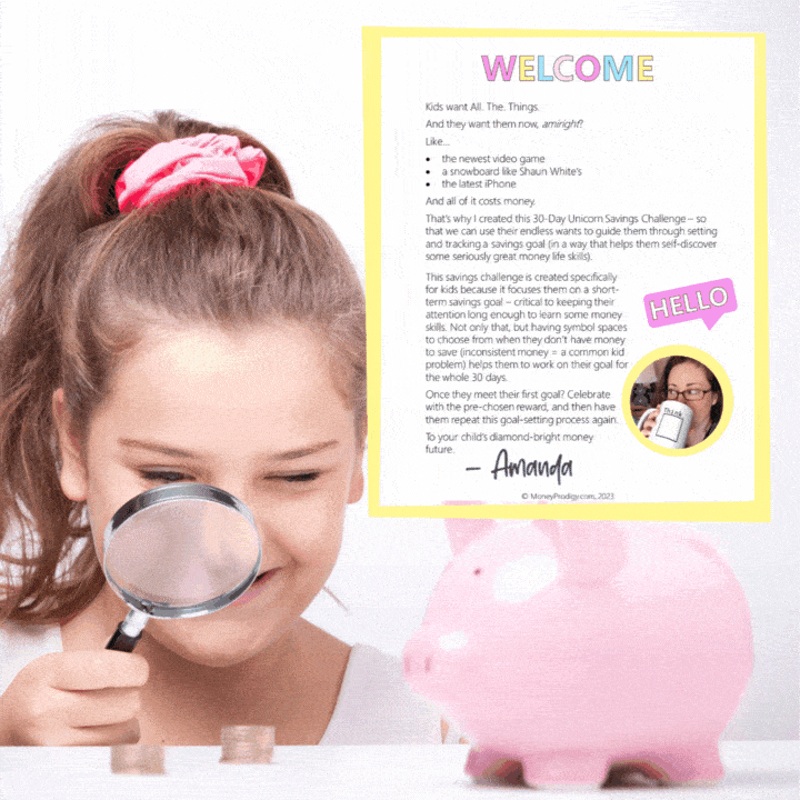 tween girl with magnifying glass and piggy bank, gif playing of the printable