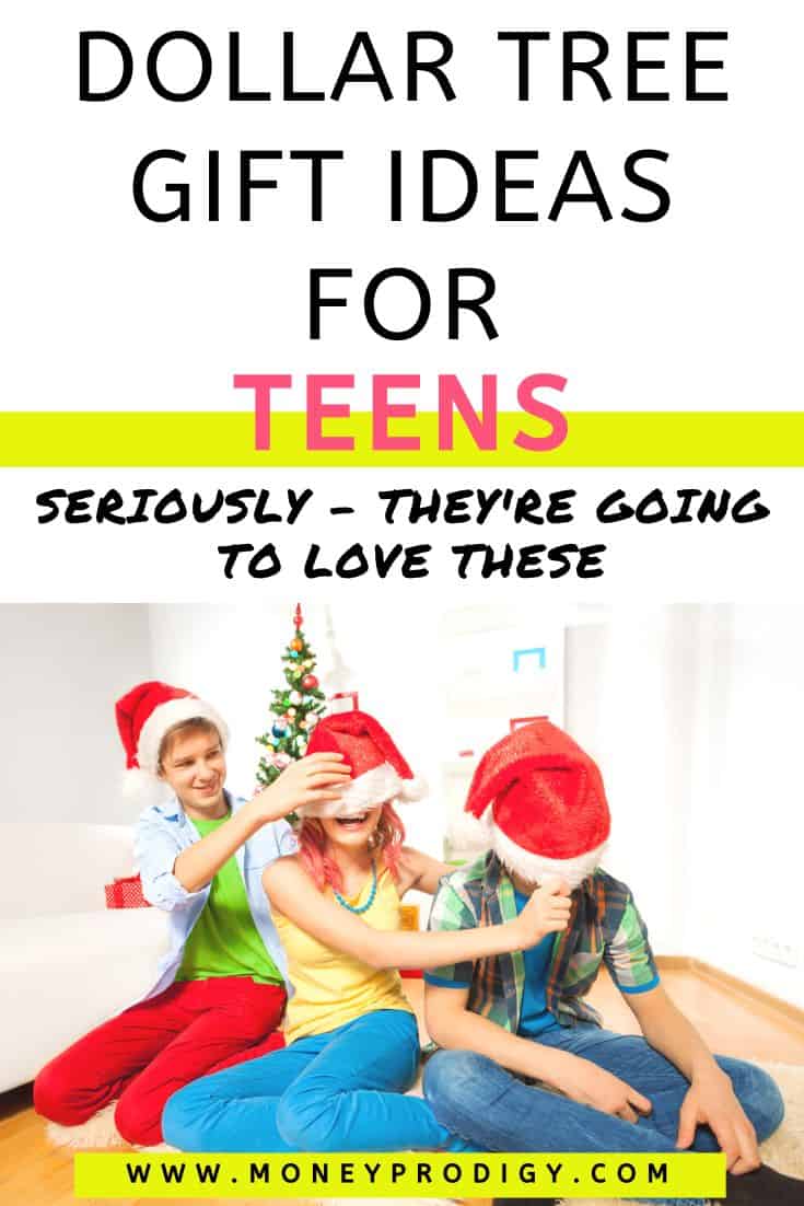 three teens with santa hats having fun, text overlay "dollar tree gift ideas for teens"