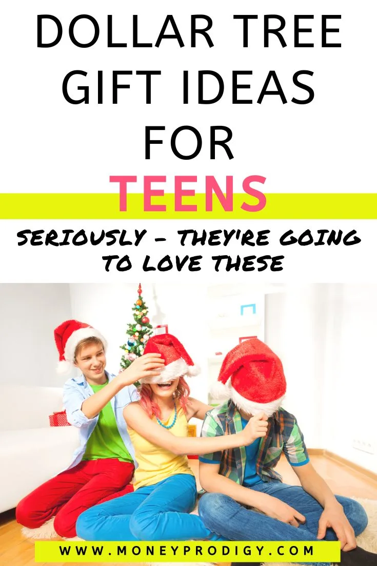 three teens with santa hats having fun, text overlay "dollar tree gift ideas for teens"