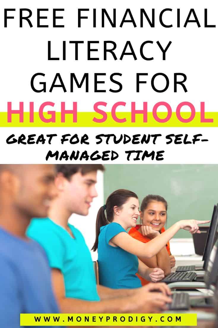 row of four teen students in front of computers, text overlay "free financial literacy games for high school"
