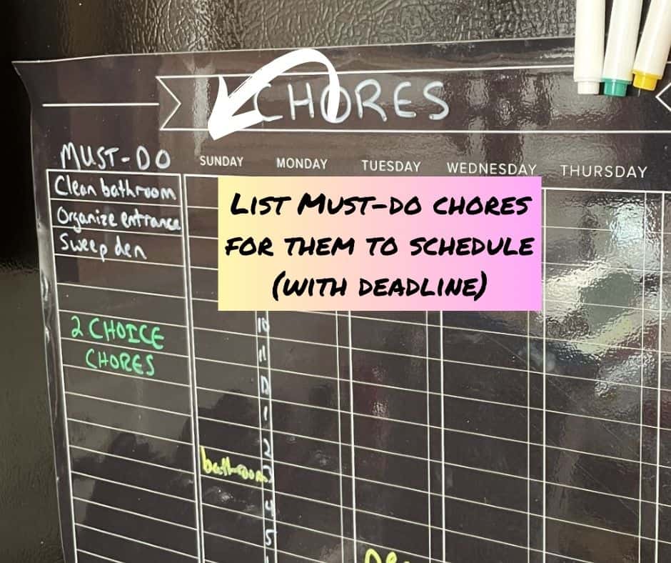 black chore chart with must-do column for teens to schedule on blank week