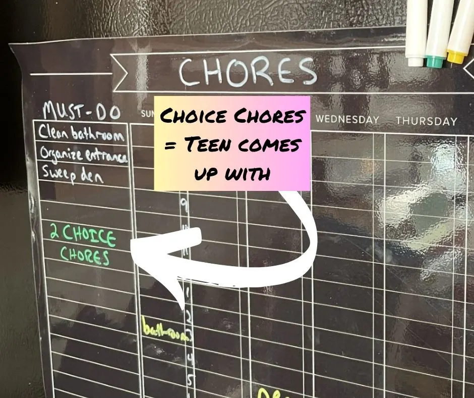 black chore chart with 2 choice chores  area written in green 