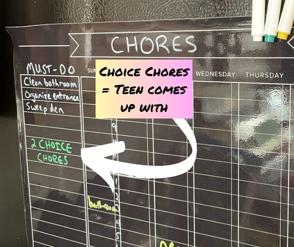 black chore chart with 2 choice chores area written in green