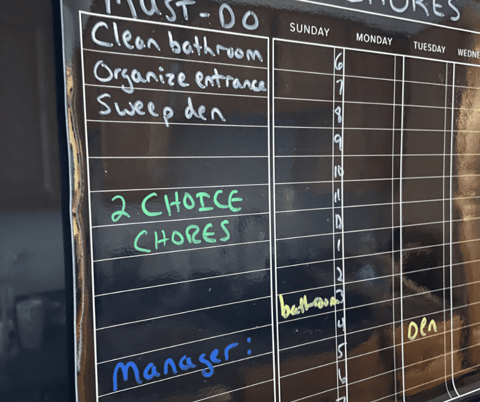 black chore chart with first column "Manager:" at bottom to write in teen manager for the week, and who they're doing oversight on