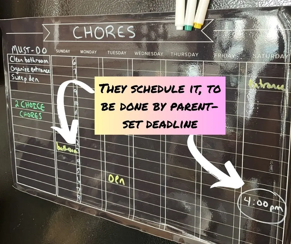 black chore chart showing teen scheduling must-do chores when they want, by the 4:00 p.m. Saturday deadline