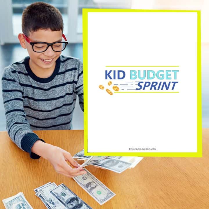 tween kid with piles of money, smiling, counting