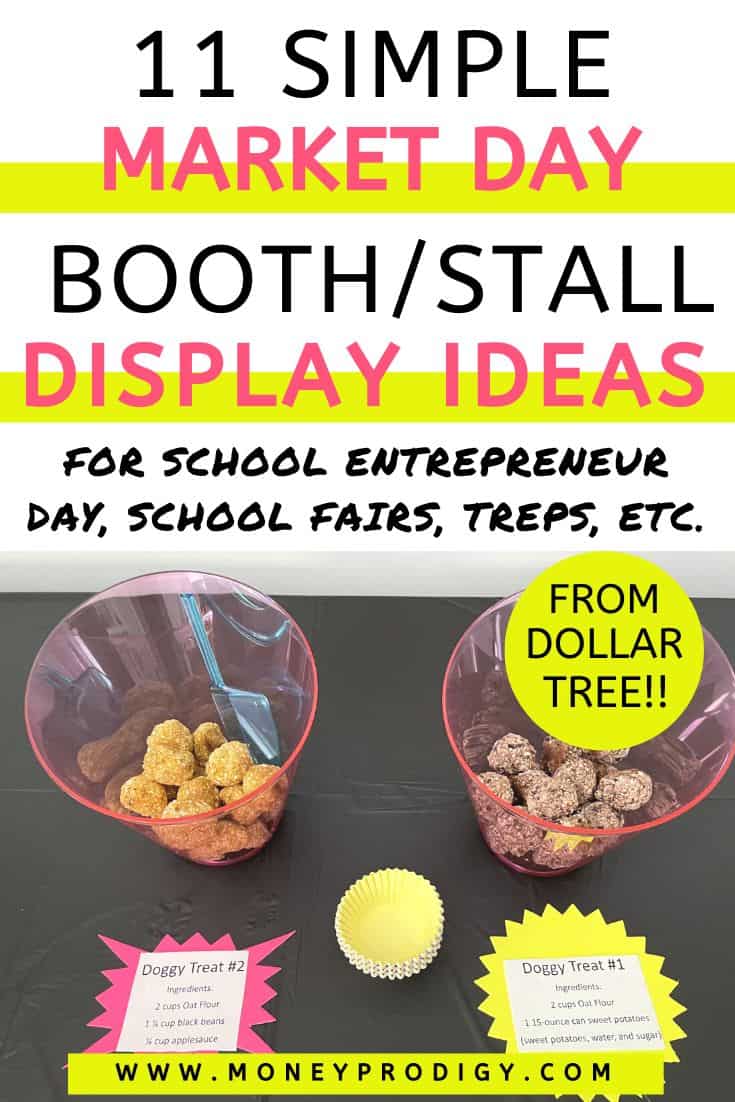 doggy treats in buckets on black tablecloth, text overlay "11 simple market day booth/stall display ideas from Dollar Tree"