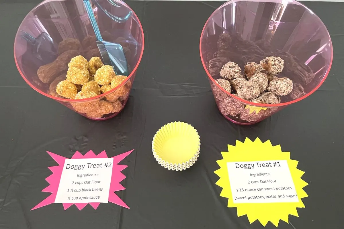 doggy treats in pink buckets on black tablecloth for market day dollar tree display ideas