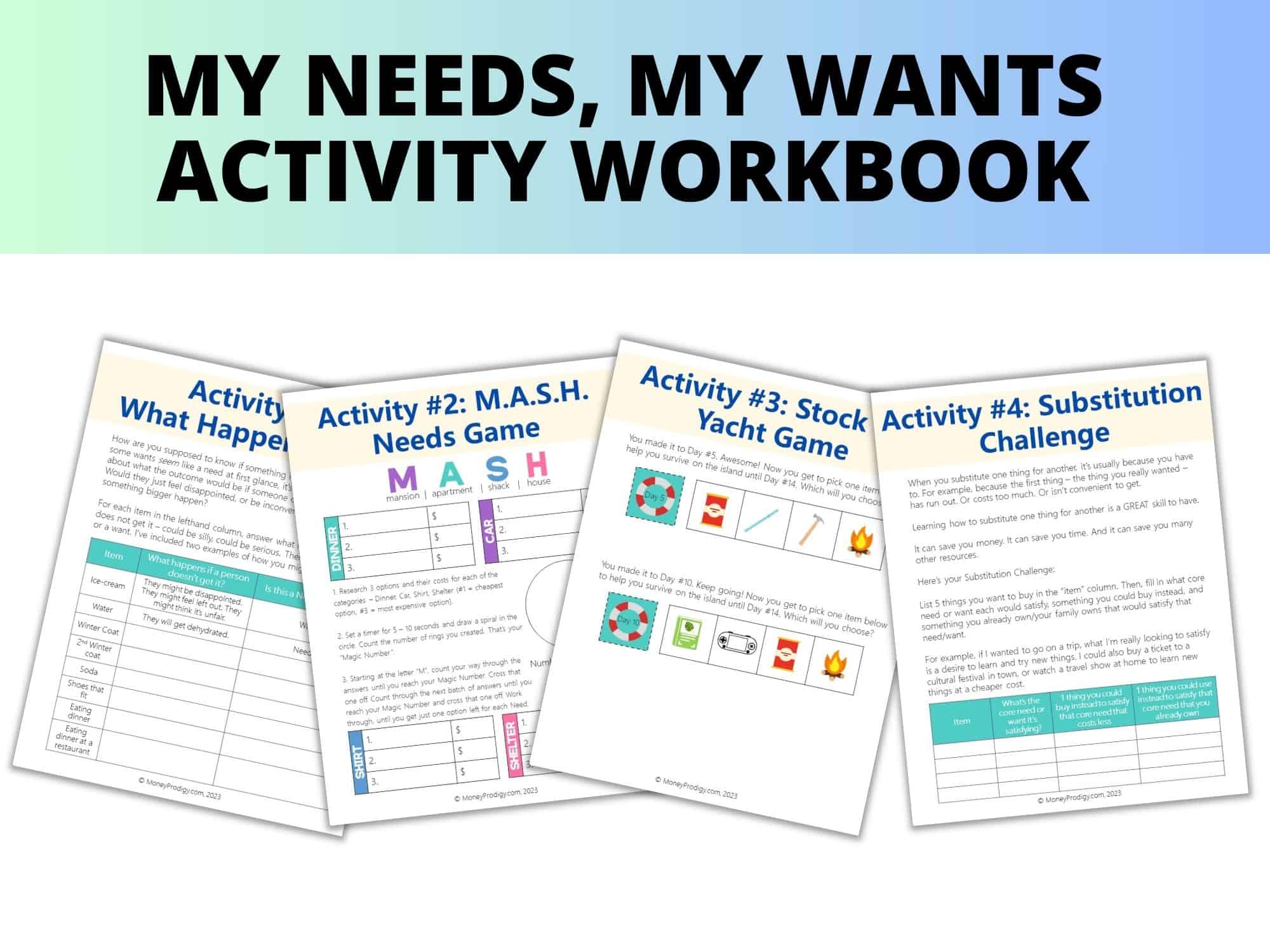 four pages from My Needs, My Wants Activity Workbook