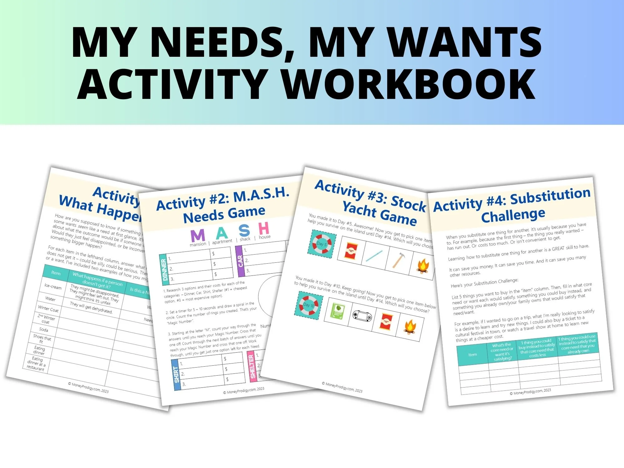 four pages from My Needs, My Wants Activity Workbook