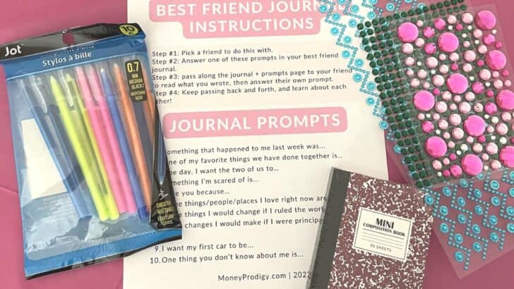 journal, gem stickers, pens, best friend journal prompts on pink table at market day