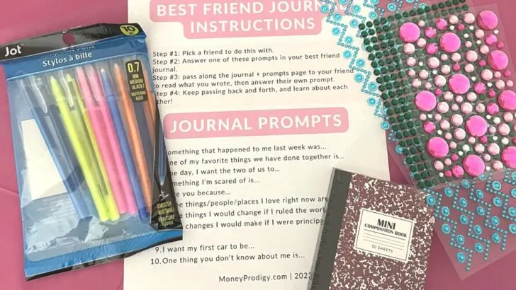 journal, gem stickers, pens, best friend journal prompts on pink table at market day