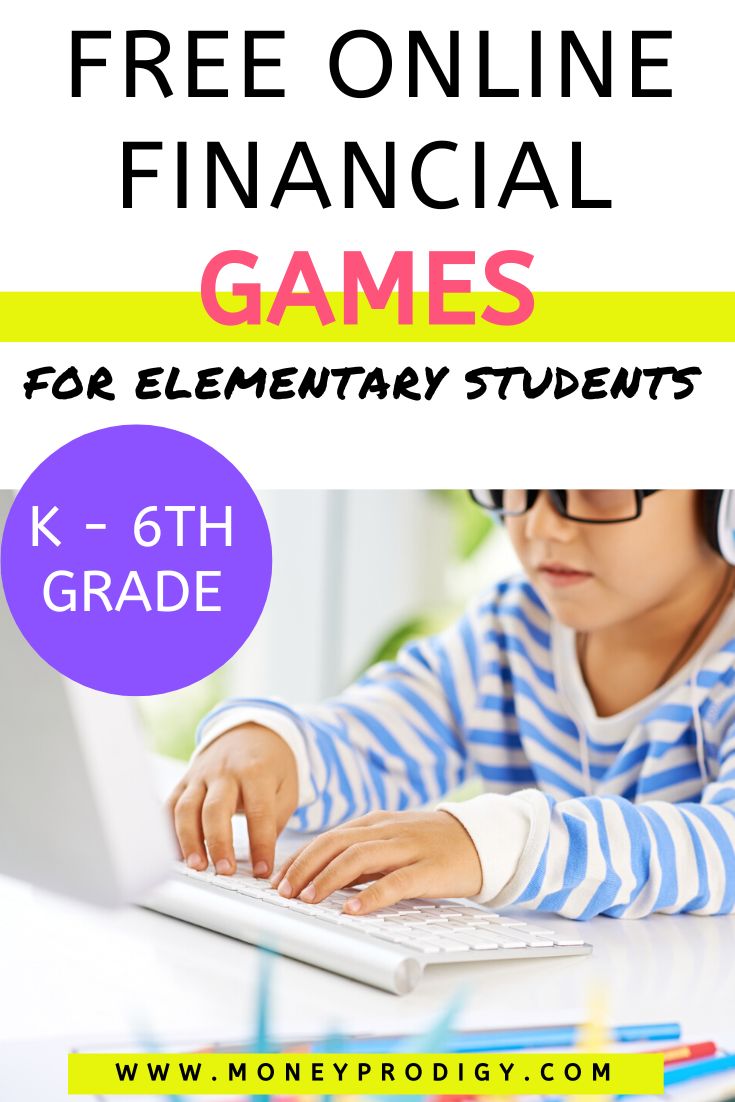 elementary boy student in blue striped shirt at desktop computer, text overlay free online financial  games for elementary students"