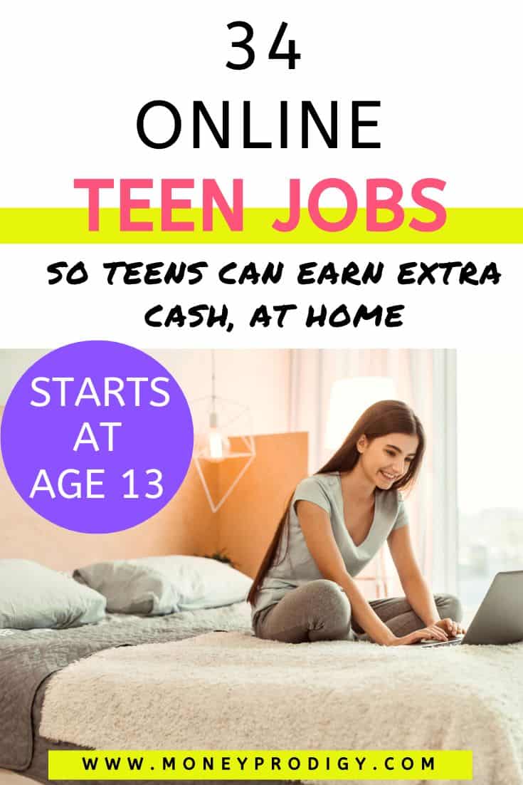 teen on her laptop in bed, text overlay "online teen job starts at age 13"