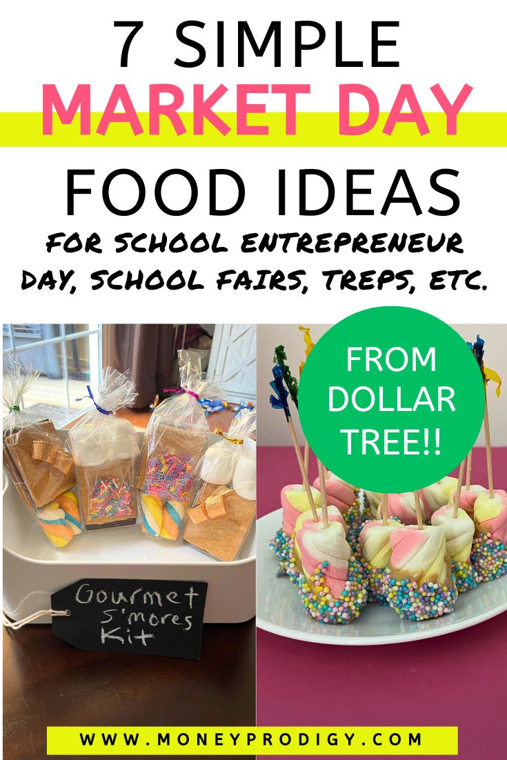 gourmet s'mores in white bin and unicorn marshmallows, text overlay "7 simple market day food ideas"