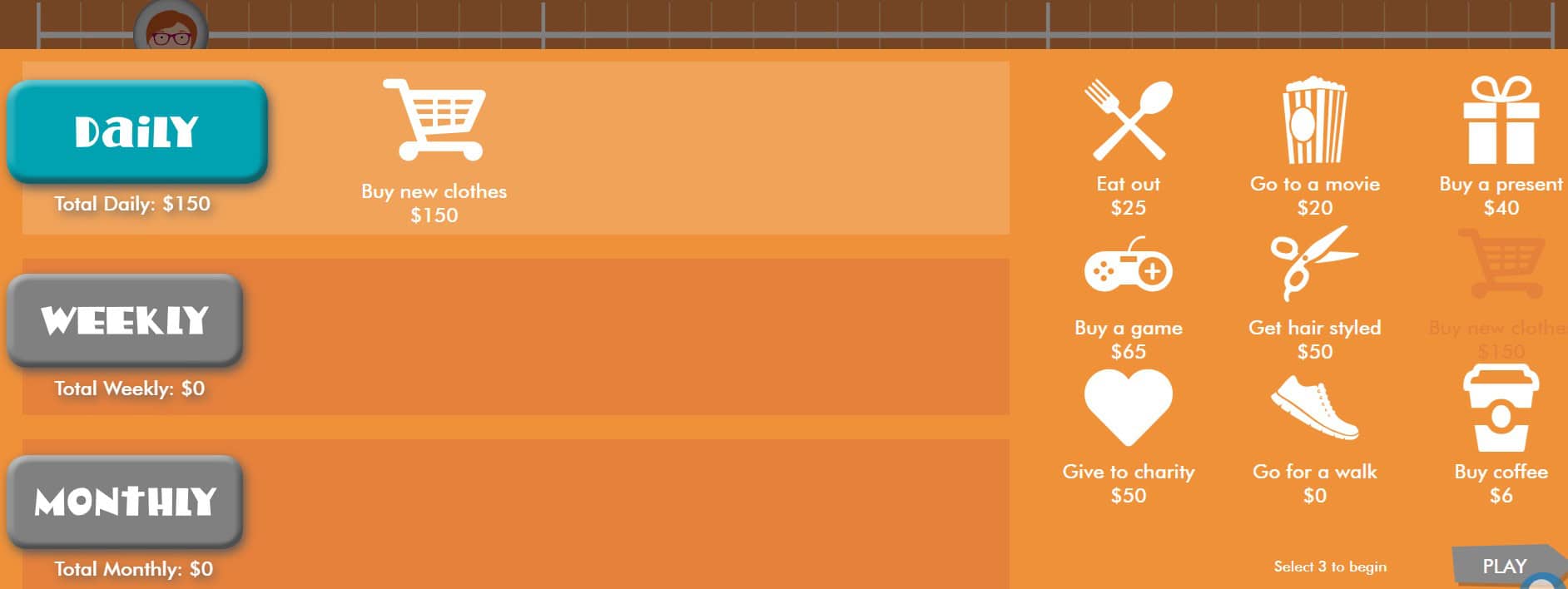 orange dashboard with daily, weekly, and monthly rows and icons for spending choices