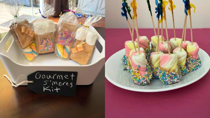 gourmet s'mores kits in white bin, and plate of unicorn marshmallows
