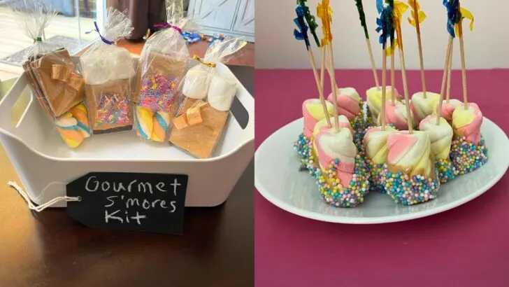 gourmet s'mores kits in white bin, and plate of unicorn marshmallows