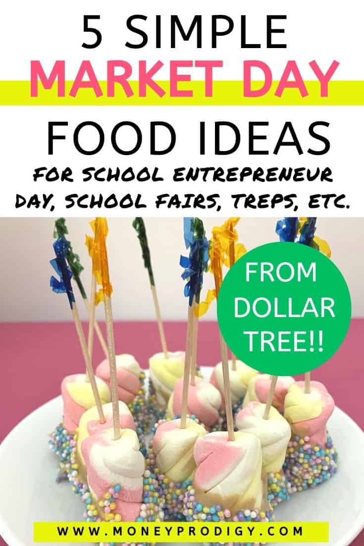 colored marshmallows with sprinkles, toothpick through them on plate, text overlay "5 simple market day food ideas"