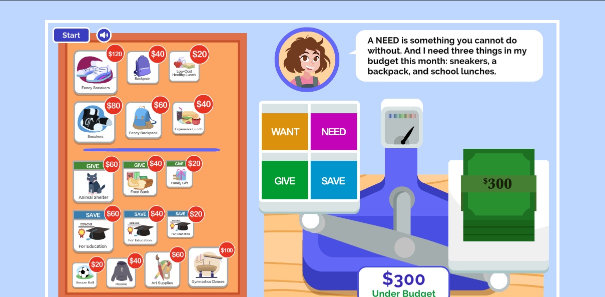 cartoon girl explaining a need to player, icon spending choices on left side, blue background