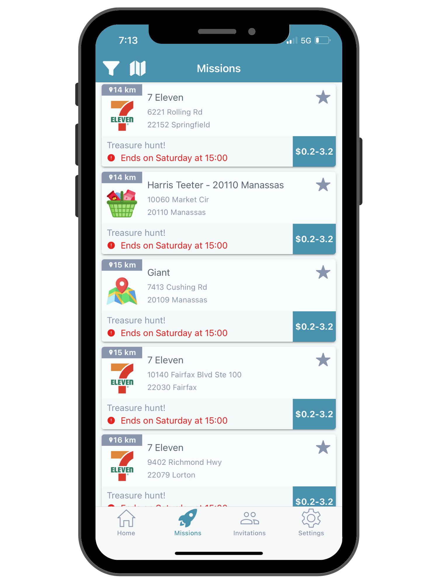 smartphone screen showing lots of missions with pay amounts for various stores