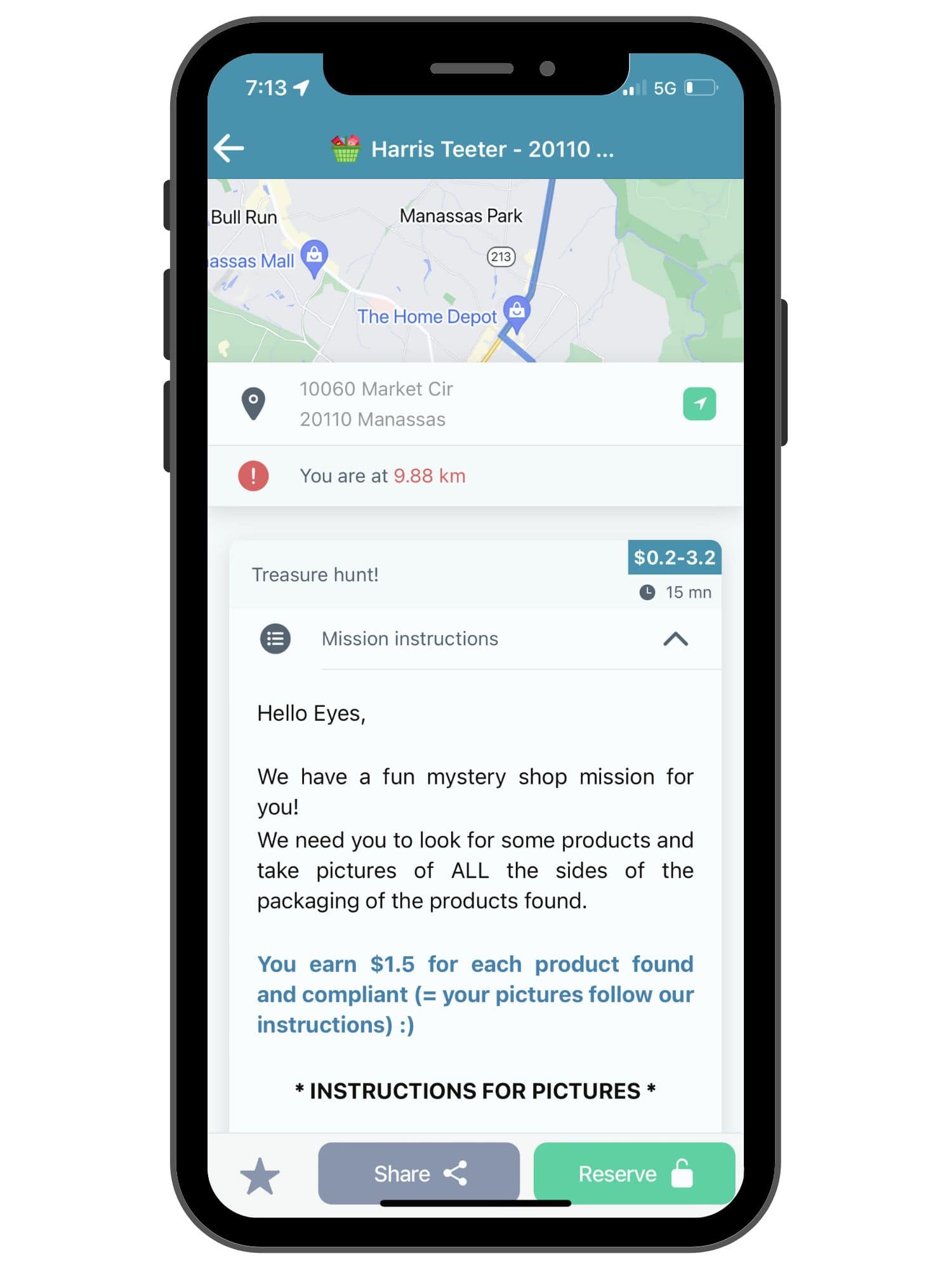 smartphone screen showing map of local area for job, and instructions for how to complete it