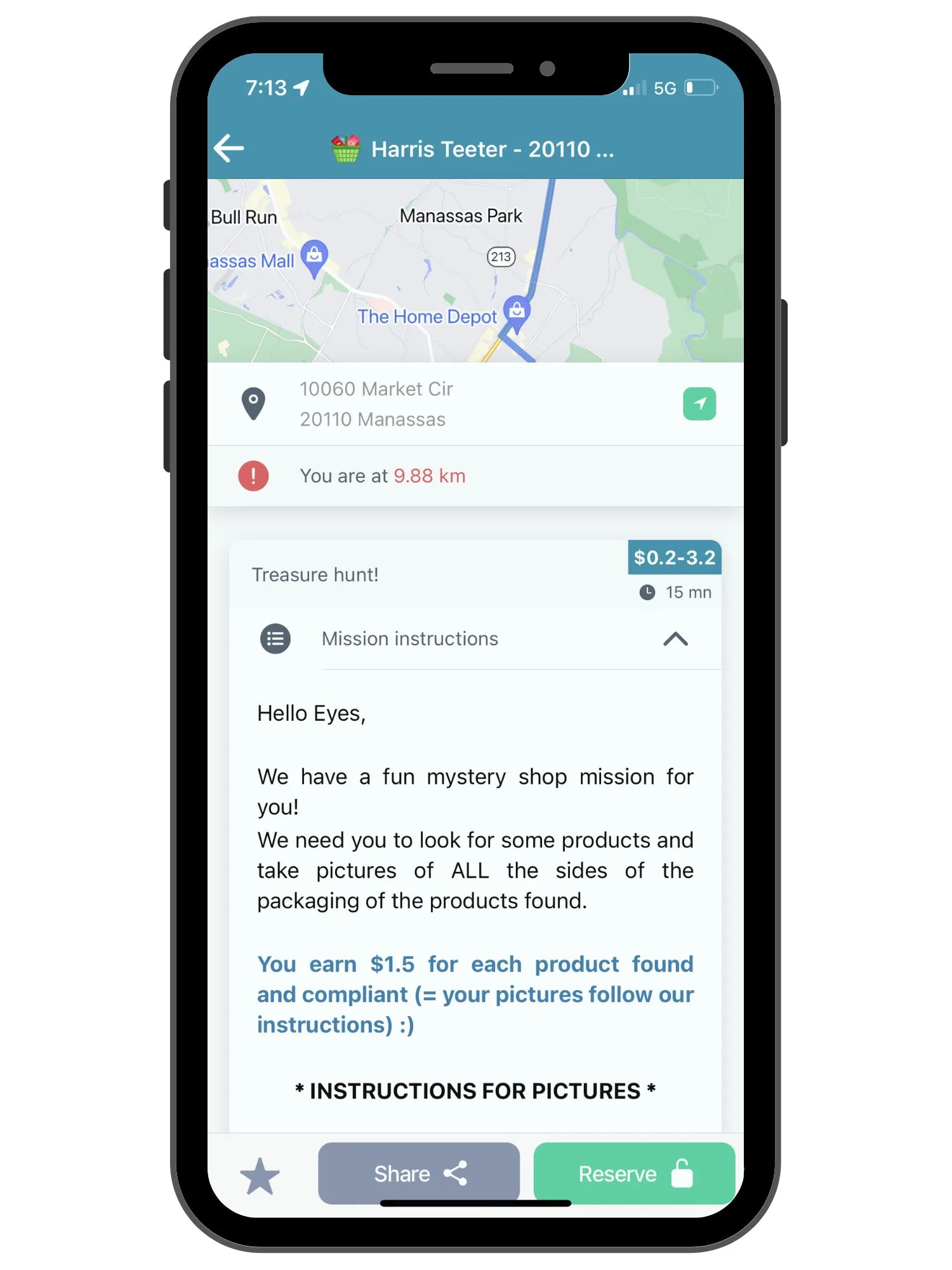 smartphone screen showing map of local area for job, and instructions for how to complete it