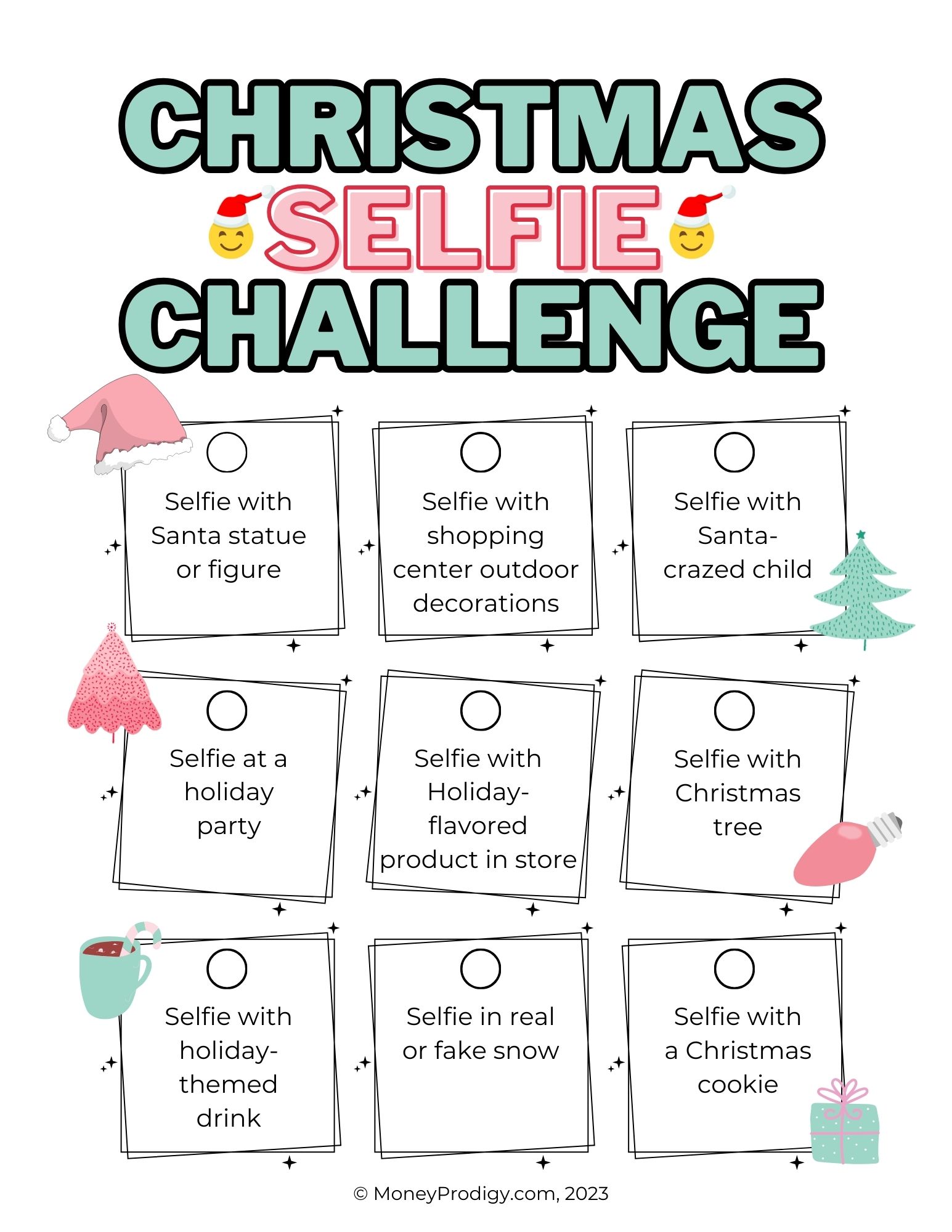 pink and mint-green Christmas selfie scavenger hunt page with emojis