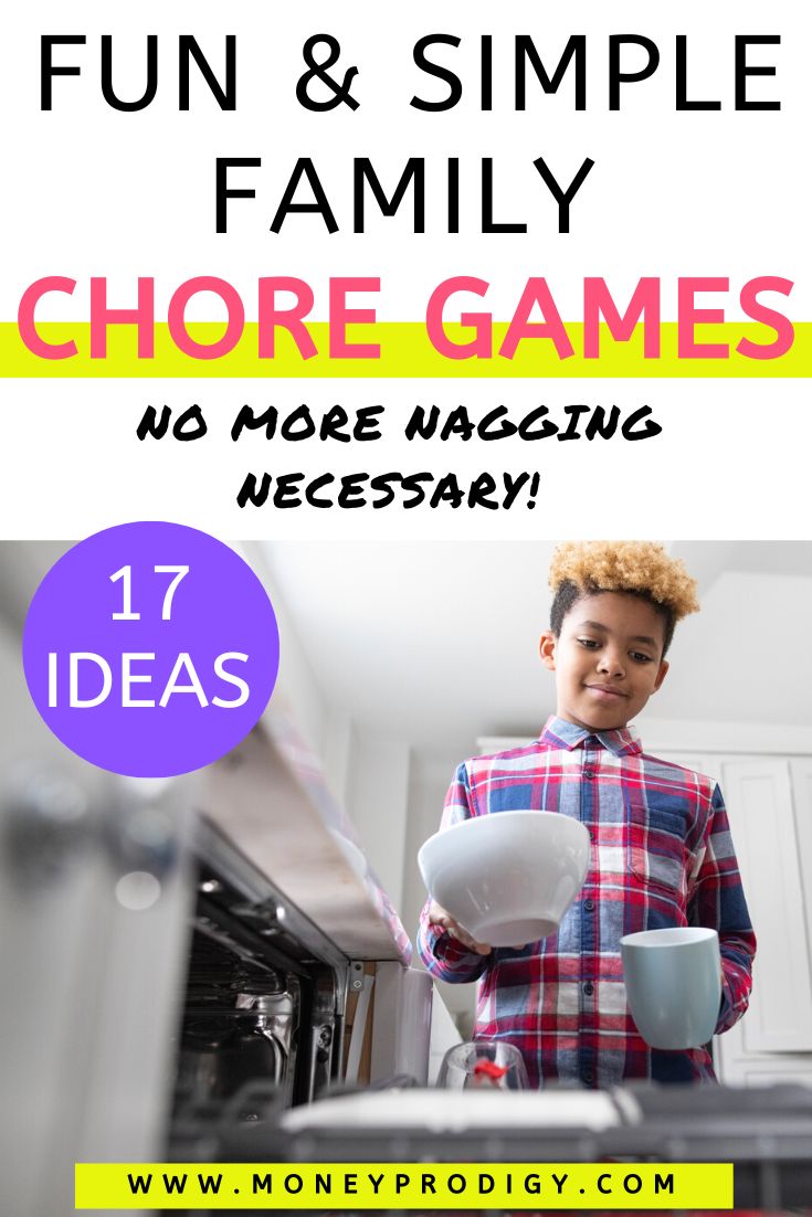 tween boy loading dishwasher, text overlay "fun and simple family chore games"