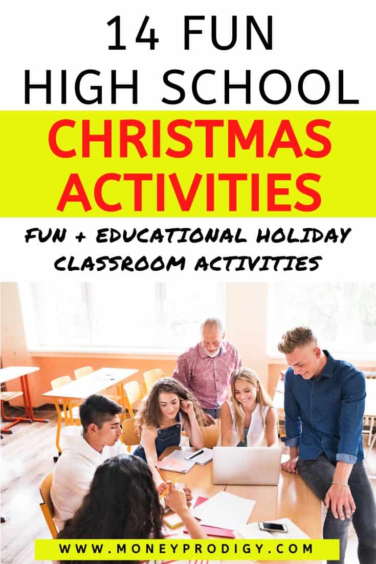 class group of older students having fun, text overlay "14 fun high school Christmas Activities"