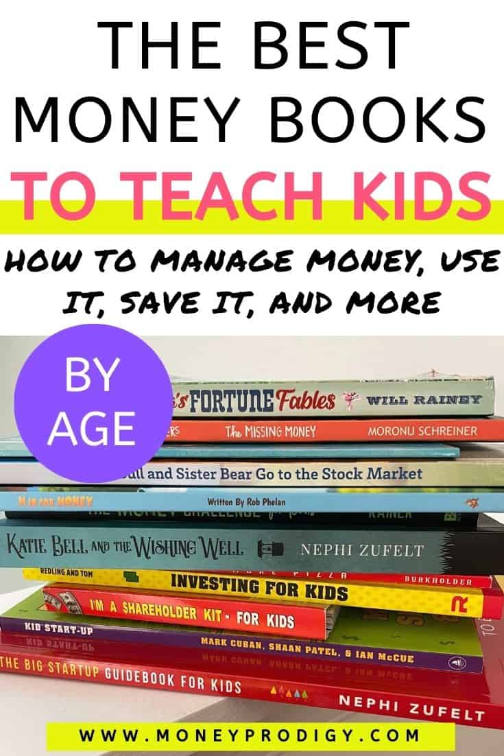stack of colorful money books for kids, text overlay "the best money books to teach kids how to manage money"