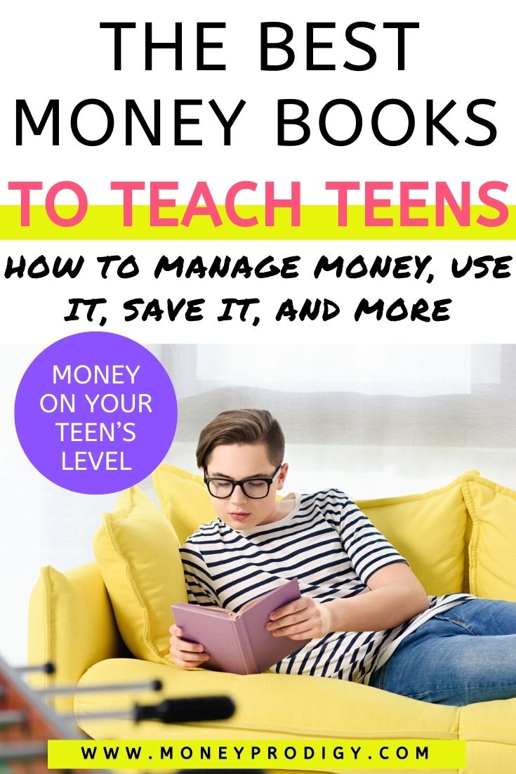 teen on yellow couch in striped shirt reading, text overlay "best money books to teach teens how to manage money"