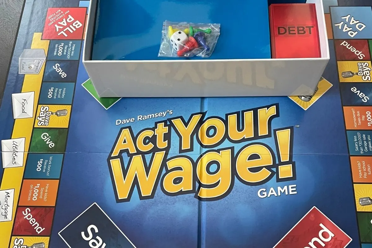 kids act your wage! game board mostly in blue, with yellow, orange, and green spaces