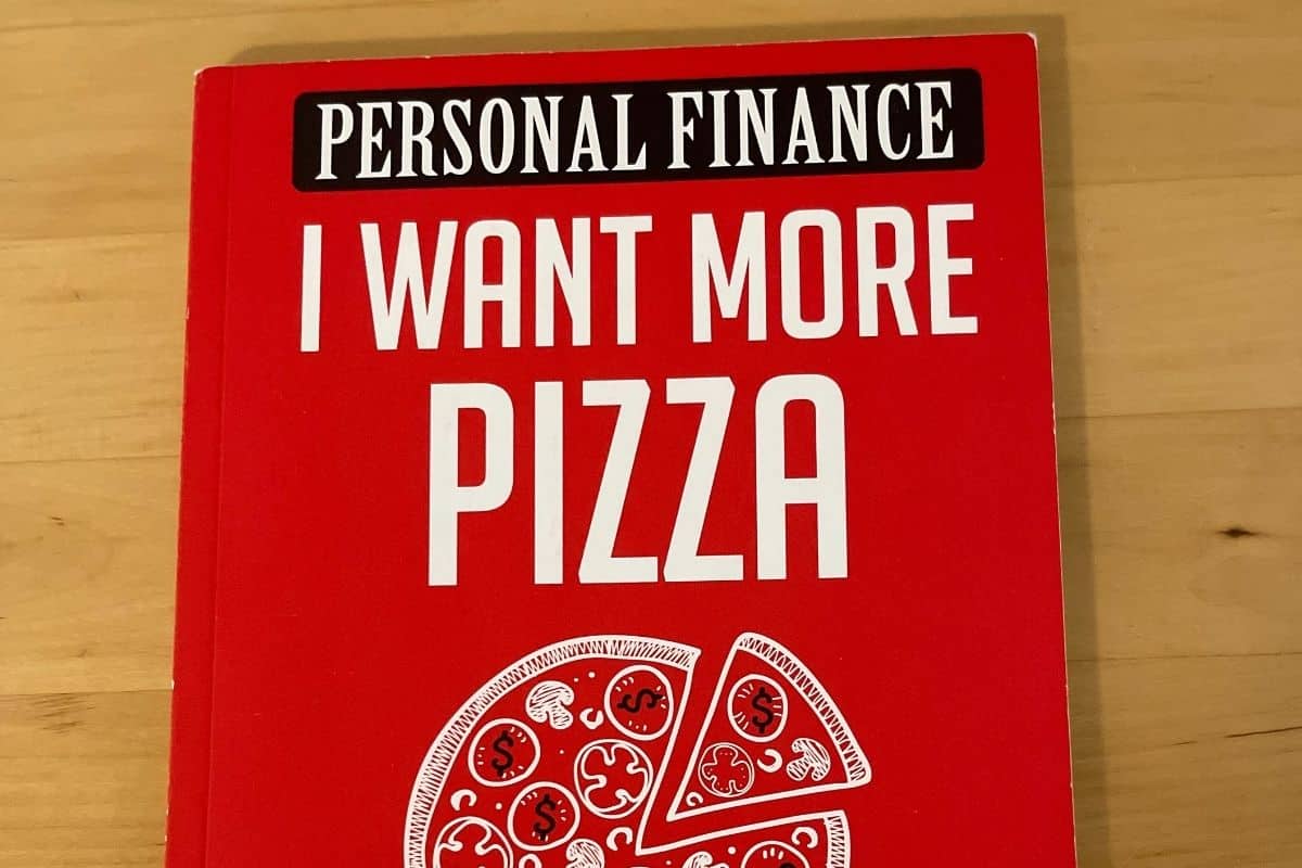 red covered I Want More Pizza book with pizza drawing