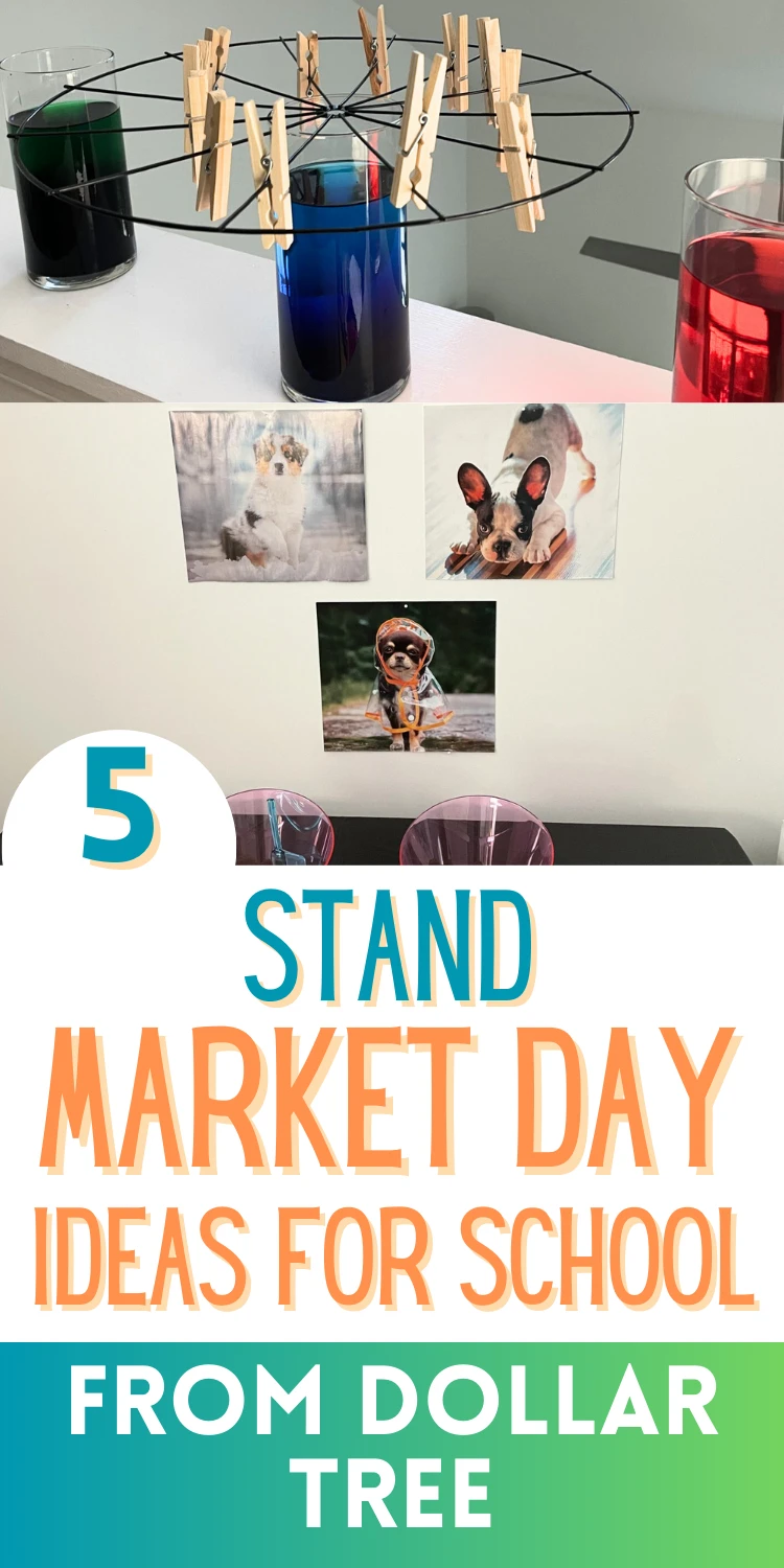 metal wire rack with clothes pins and doggy posters on wall, text overlay "5 stand market day ideas for school"