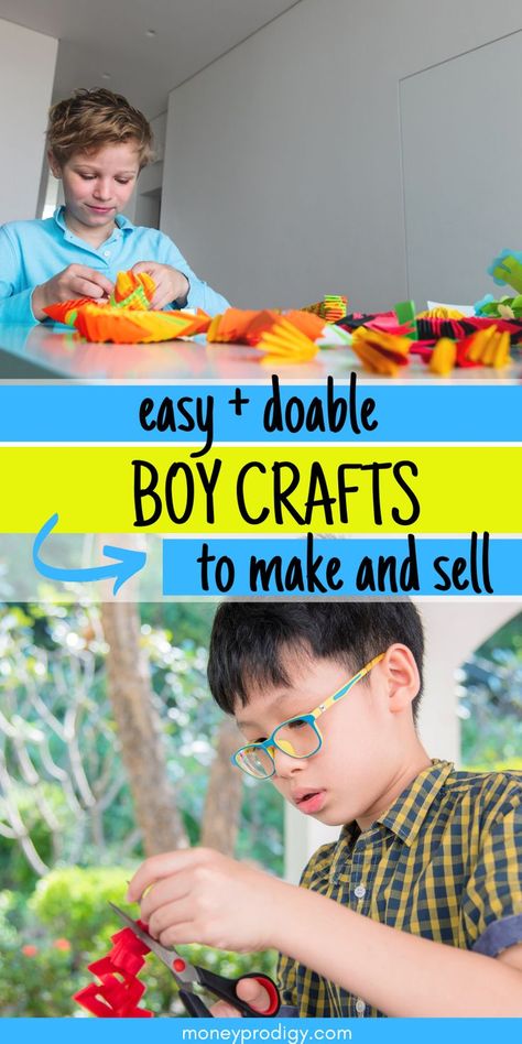 two boys working on different crafts to make and sell at market day, text overlay 
