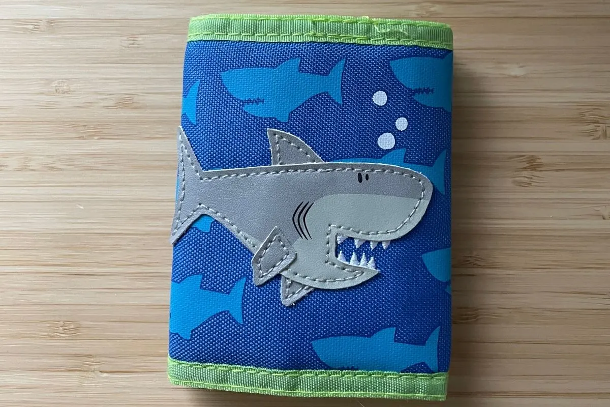 blue and green kid wallet with shark on outside