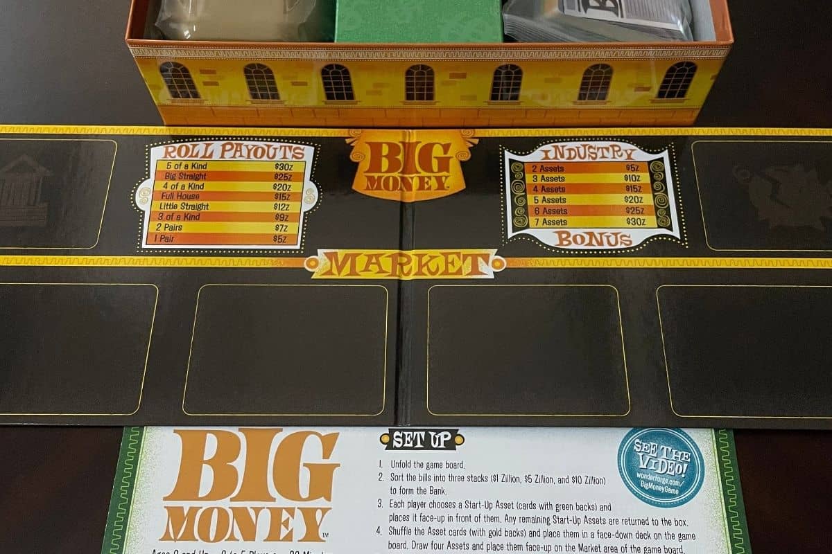 inside the Big Money board game box on dark table
