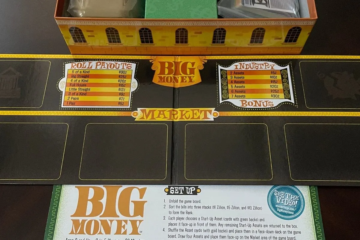 inside the Big Money board game box on dark table