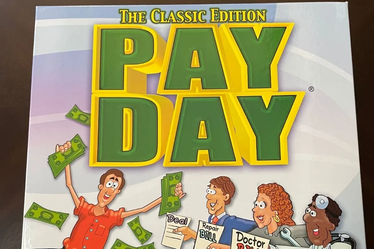 green and yellow board game cover with cartoons with money