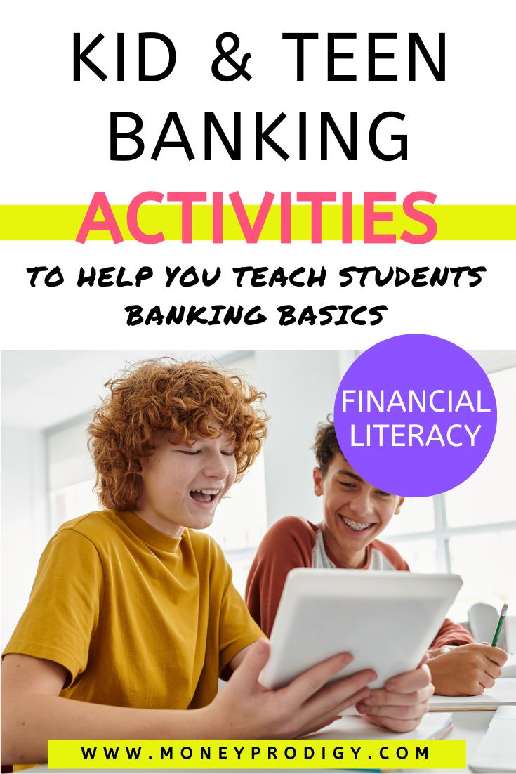 two tween boys smiling looking at tablet in classroom, text overlay "best kid and teen banking activities"