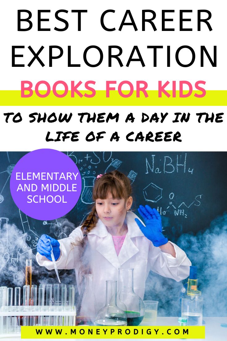 middle school girl student with beakers doing chemistry, text overlay "best career exploration books for kids"