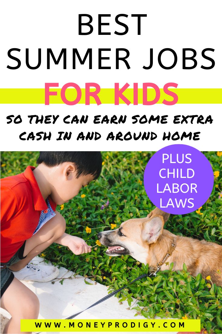 tween boy with dog on leash outside, text overlay "best summer jobs for kids"