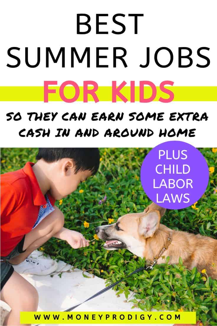 tween boy with dog on leash outside, text overlay "best summer jobs for kids"
