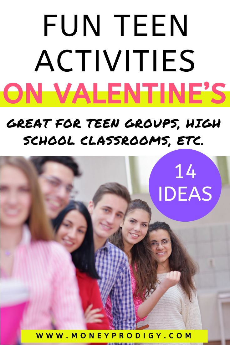 group of teens in a line smiling, text overlay "fun teen activities on Valentine's Day"