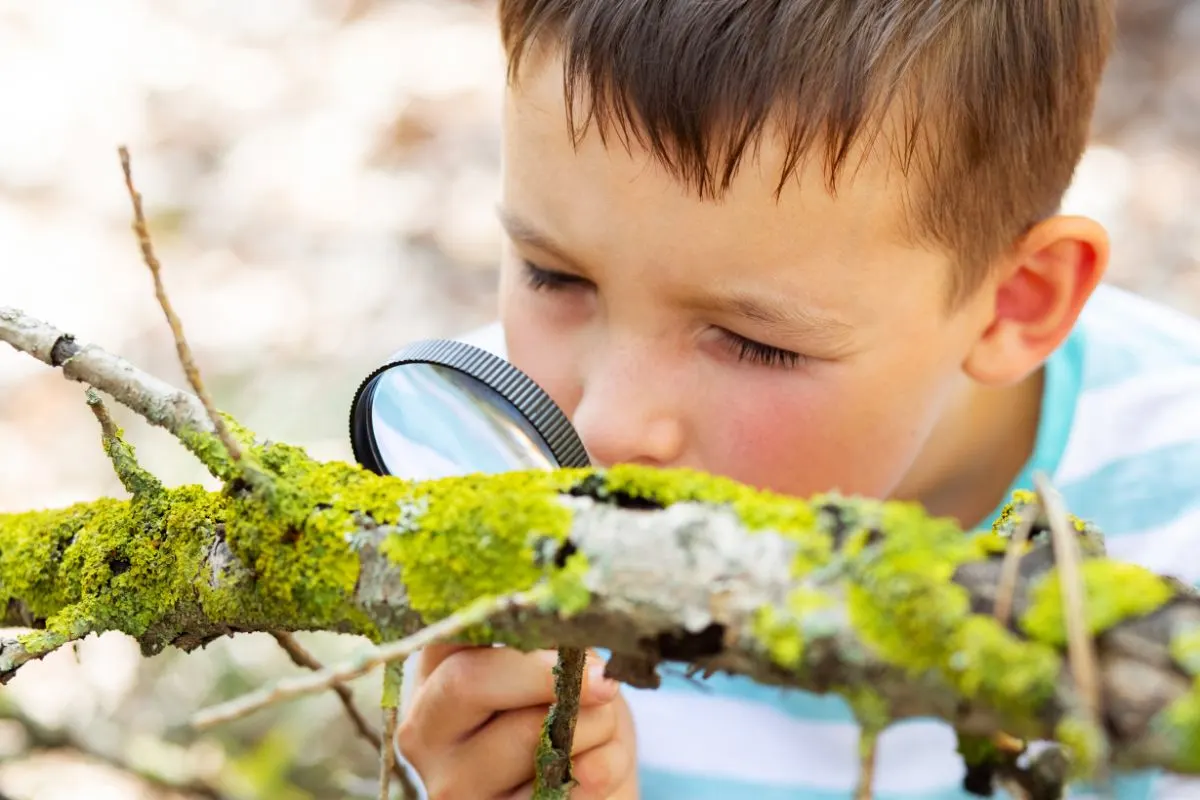young boy with magnifying glass looking up close at moss outdoors