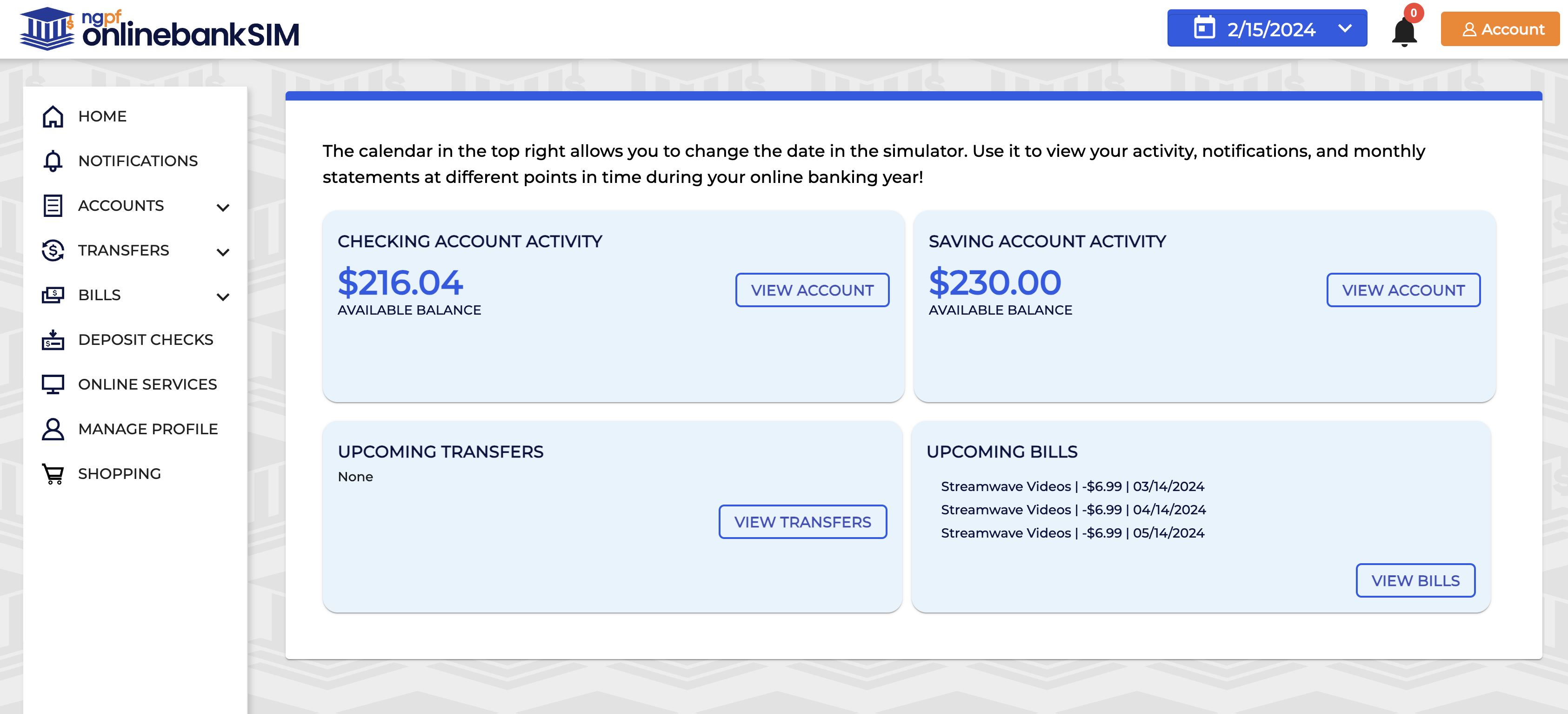 light blue, white, and orange onlinebanksim screenshot showing $216.04 in checking and $230.00 in savings
