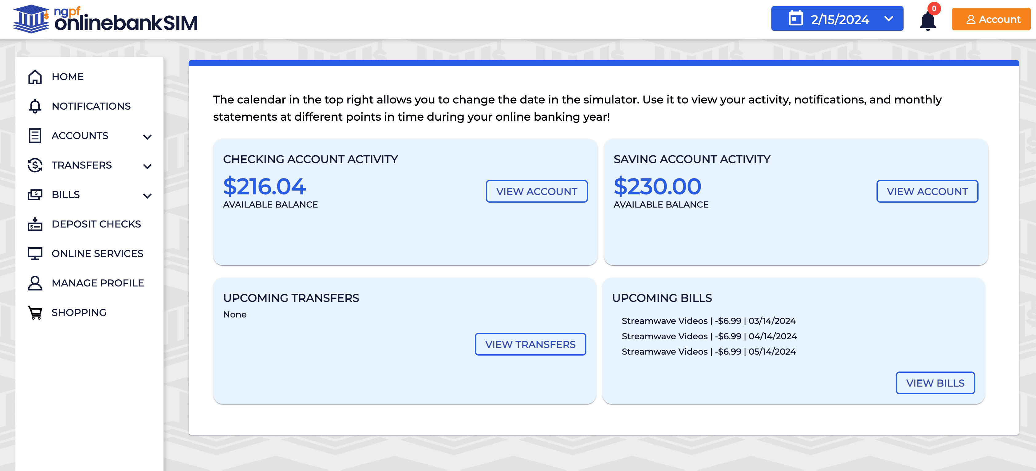 light blue, white, and orange onlinebanksim screenshot showing $216.04 in checking and $230.00 in savings